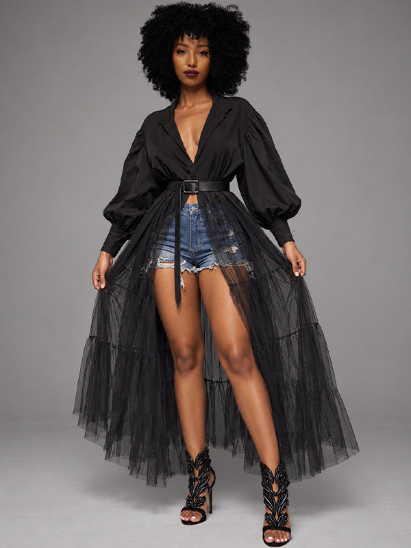 Tulle-Combo Puff-Sleeve Shirt