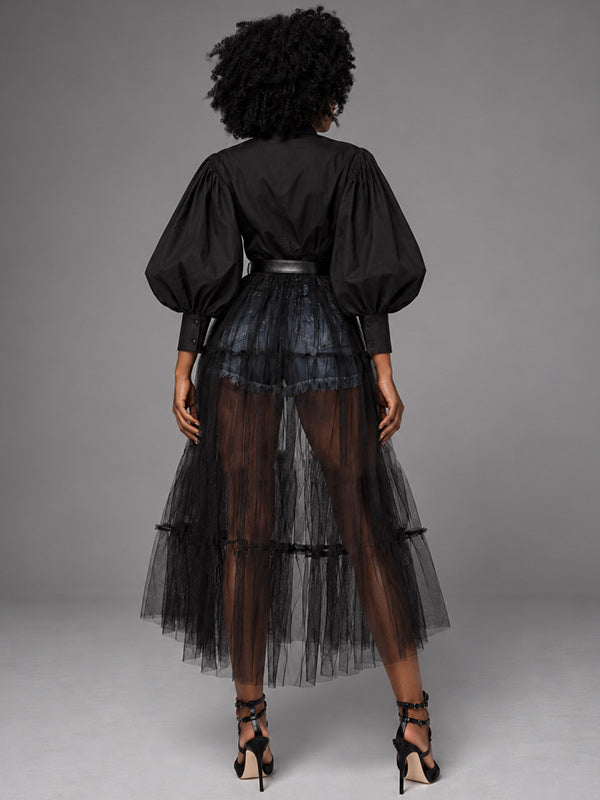 Tulle-Combo Puff-Sleeve Shirt