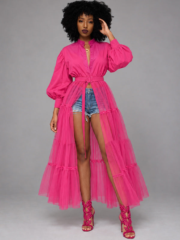 Tulle-Combo Puff-Sleeve Shirt
