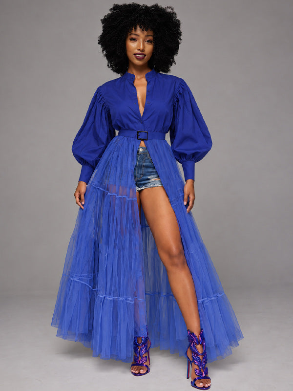 Tulle-Combo Puff-Sleeve Shirt
