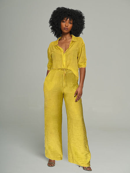 Solid Shirt & Wide-Leg Pants Set