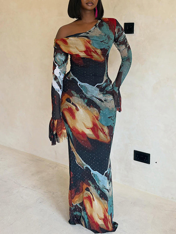 Printed Boat-Neck Maxi Dress