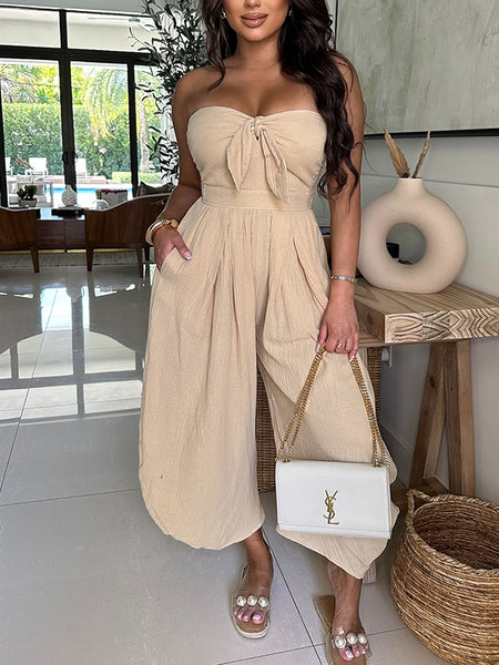 Solid Strapless Tied Wide-Leg Jumpsuit