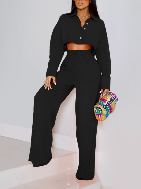 Solid Cropped Shirt & Wide-Leg Pants Set