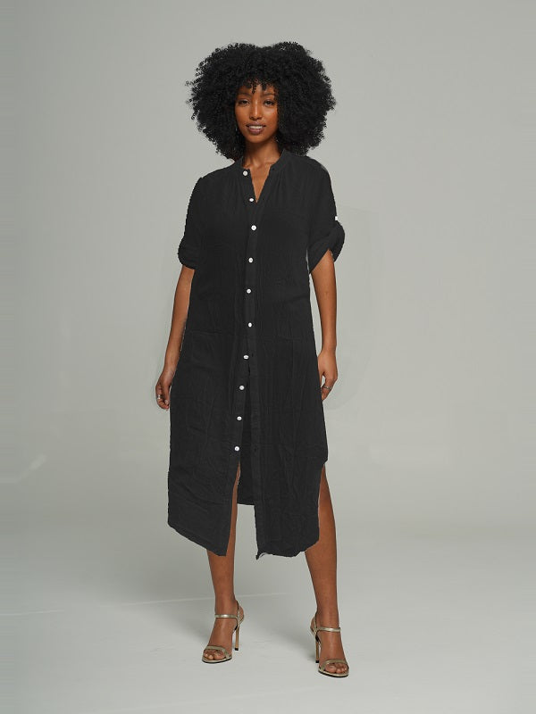 Mandarin-Collar Tabbed Sleeve Shirt Dress