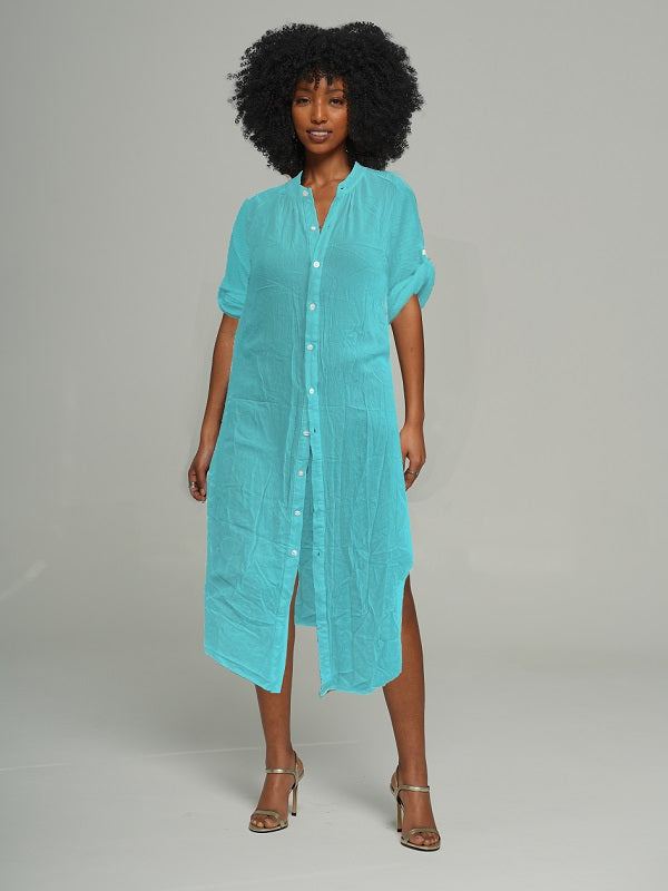 Mandarin-Collar Tabbed Sleeve Shirt Dress