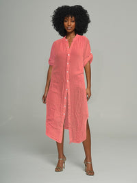 Mandarin-Collar Tabbed Sleeve Shirt Dress