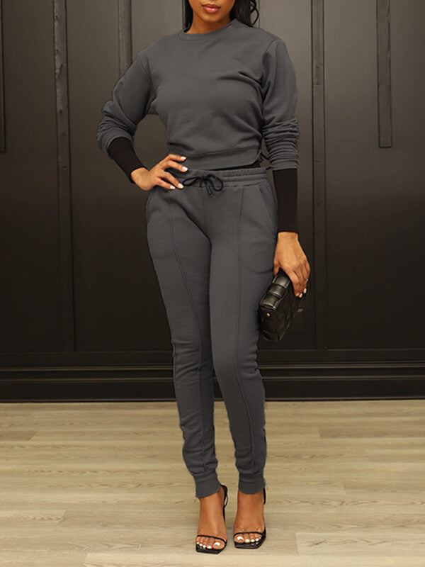 Solid Sweatshirt & Zip Pants Set