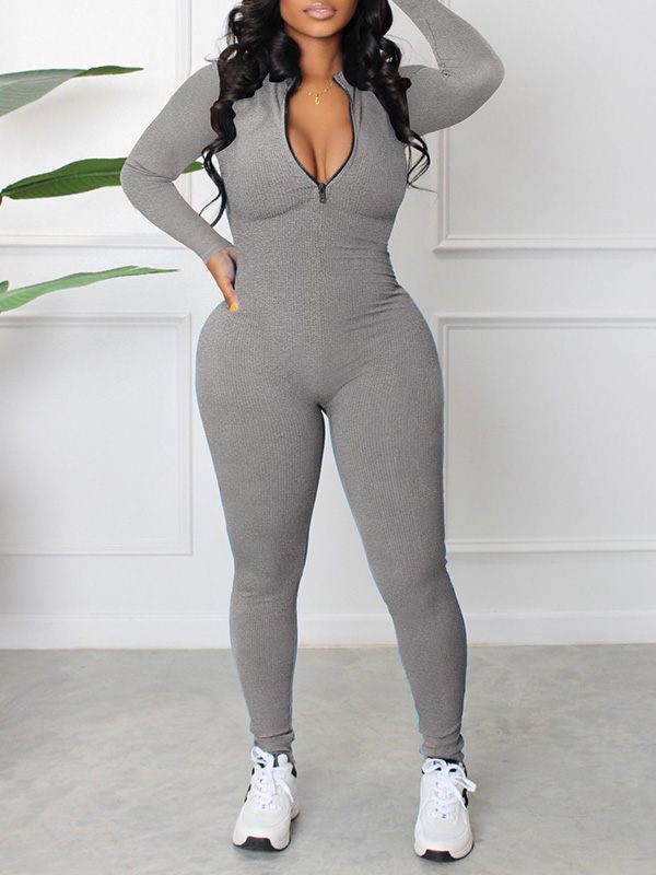 Zip-Front Ribbed Jumpsuit
