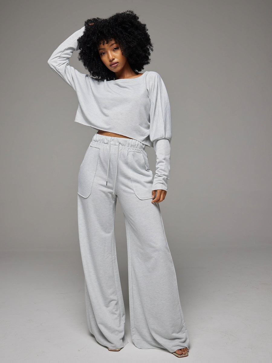 Raw-cut Top & Wide-Leg Pants Set