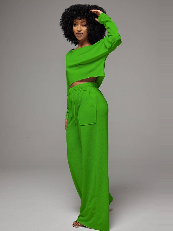 Raw-cut Top & Wide-Leg Pants Set