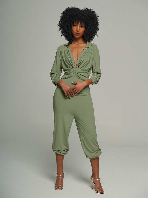 Draped Tie Shirt Jumpsuit