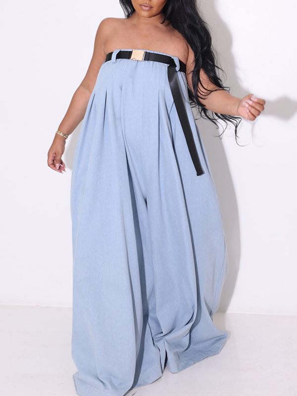 Strapless Belted Wide Leg Jumpsuit
