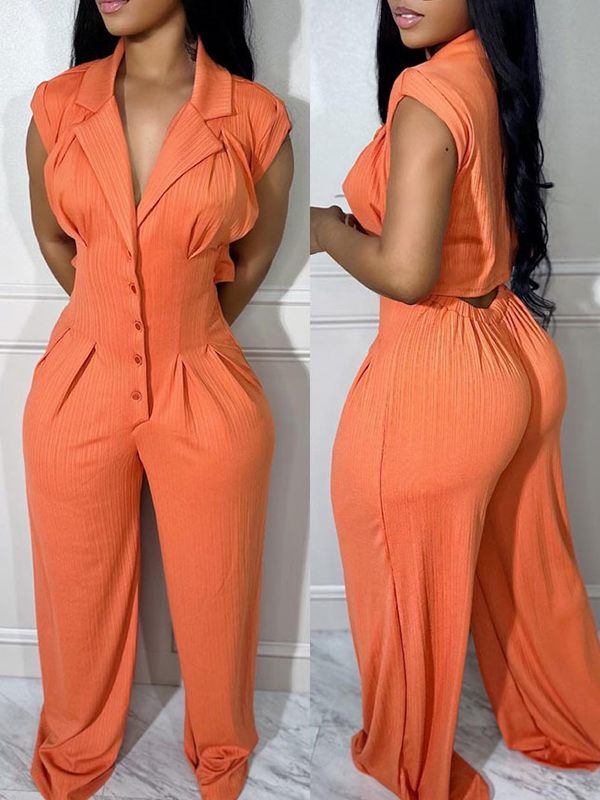 Button-Front Plisse Jumpsuit