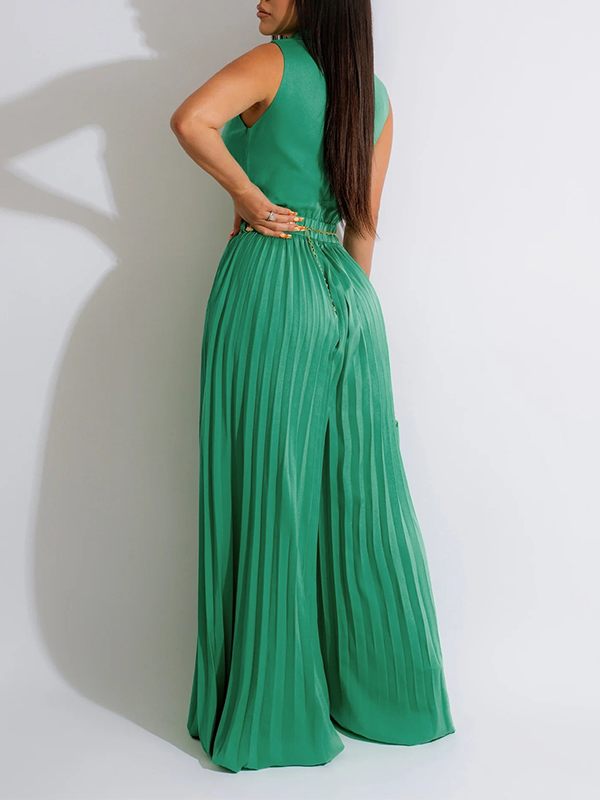 Solid Sleeveless Pleated Jumpsuit