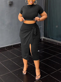 Solid Cropped Top & Slit Skirt Set