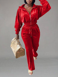 Velvet Zip-Front Top & Straight Pants Set