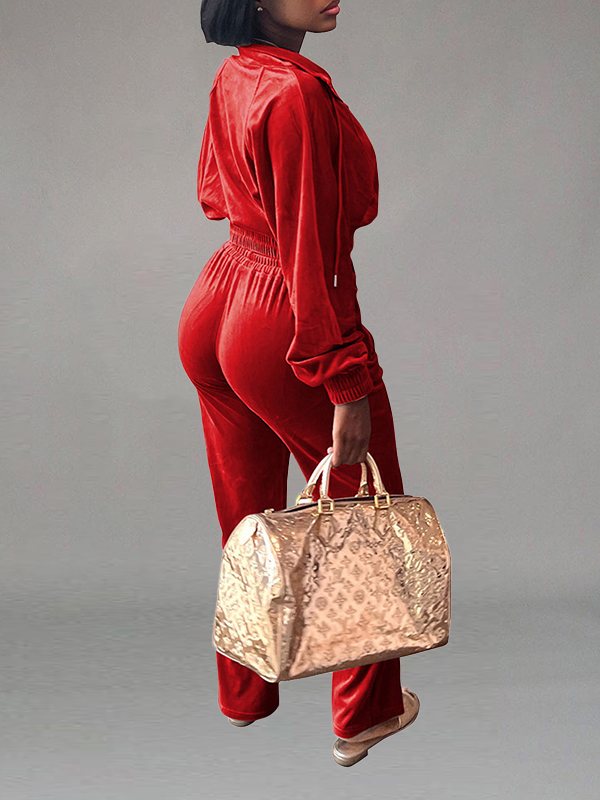 Velvet Zip-Front Top & Straight Pants Set