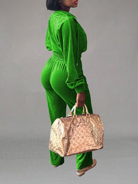 Velvet Zip-Front Top & Straight Pants Set
