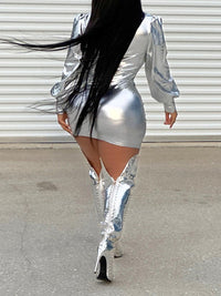 Metallic V-Neck Ruched Dress