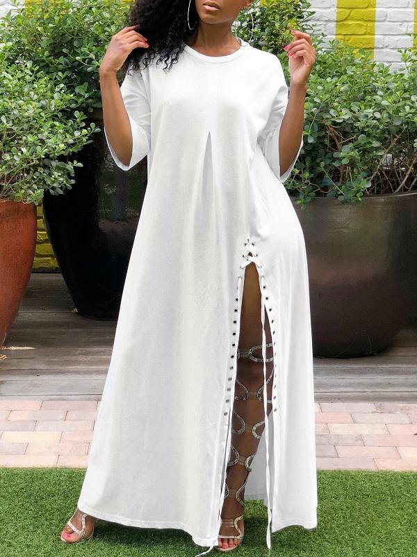 White Lace-up Slit Dress