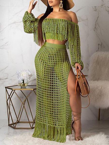 Crochet Mesh Tassels Crop Top & Skirt Set