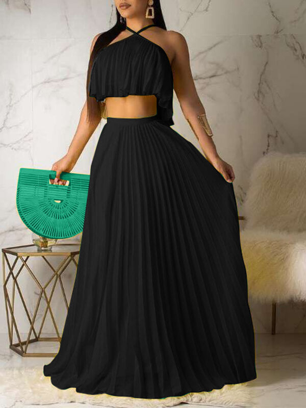 Pleated Halter Top & Maxi Skirt Set