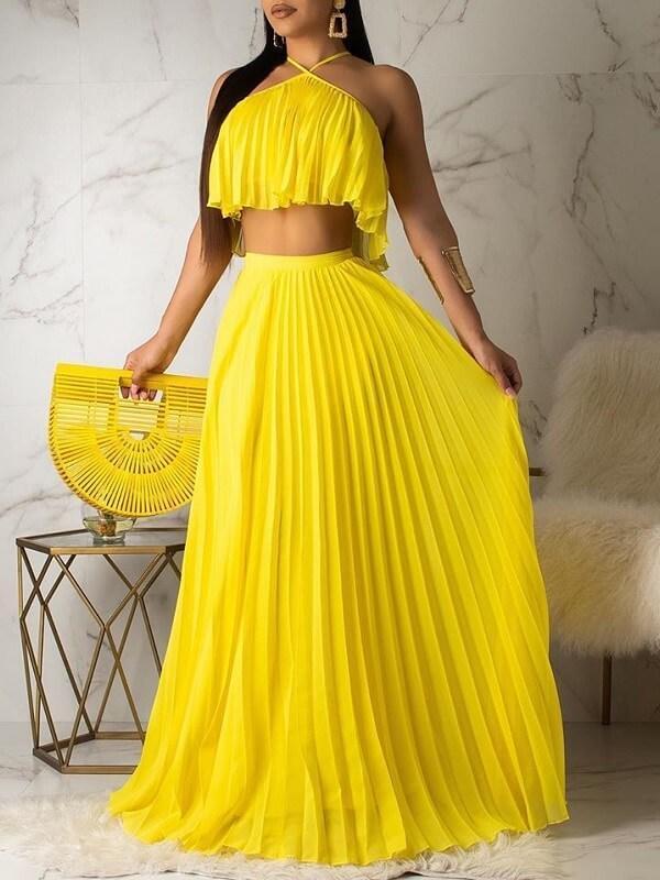 Pleated Halter Top & Maxi Skirt Set