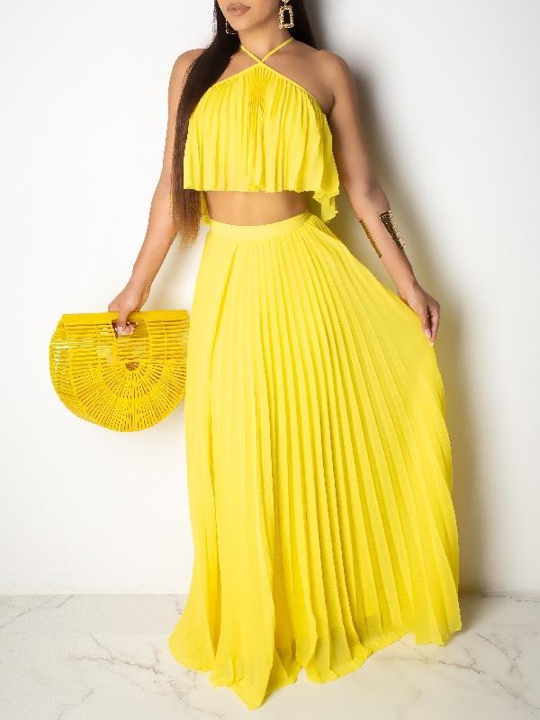 Pleated Halter Top & Maxi Skirt Set