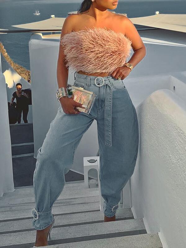 Tied-Cuff Belted Jeans