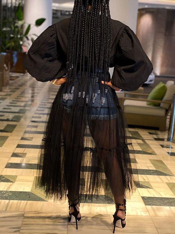Tulle-Combo Puff-Sleeve Shirt