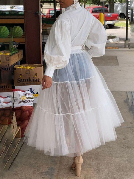 Tulle-Combo Puff-Sleeve Shirt