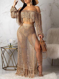 Crochet Mesh Tassels Crop Top & Skirt Set