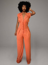 Button-Front Plisse Jumpsuit